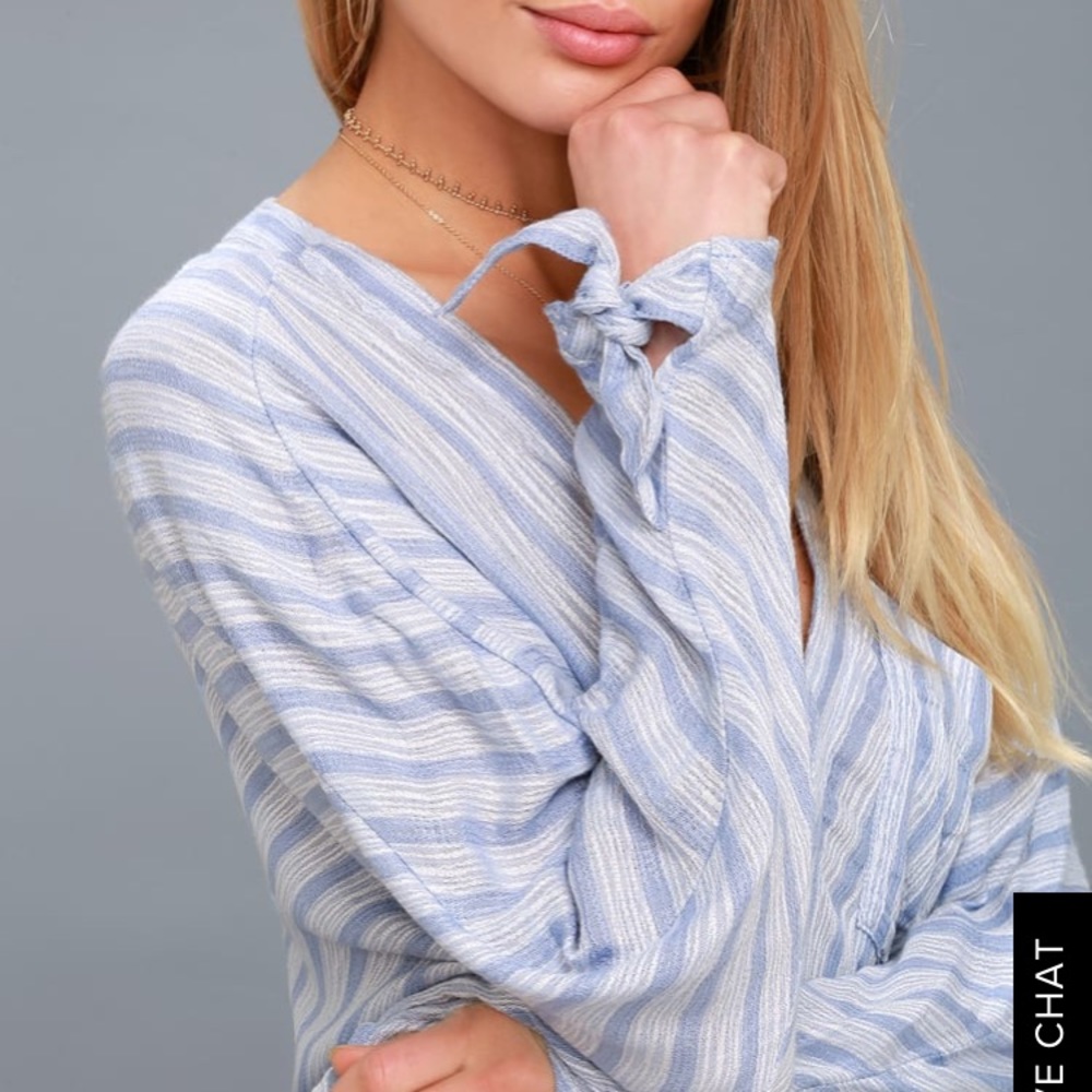 Free People Stripped Blue Blouse/Top - Picture 5 of 7